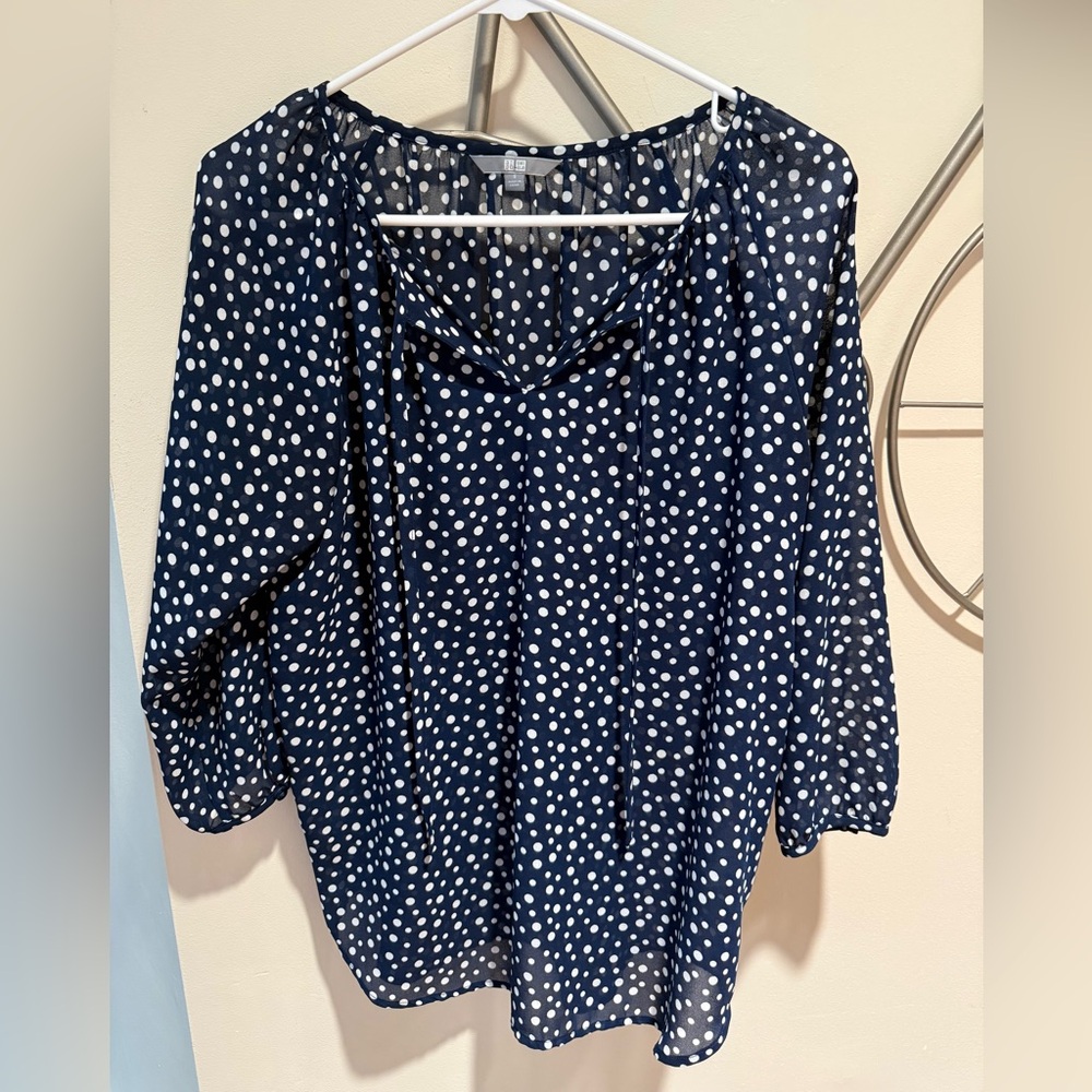 UNIQLO Navy Blue Polka Dot Peasant Blouse Size S